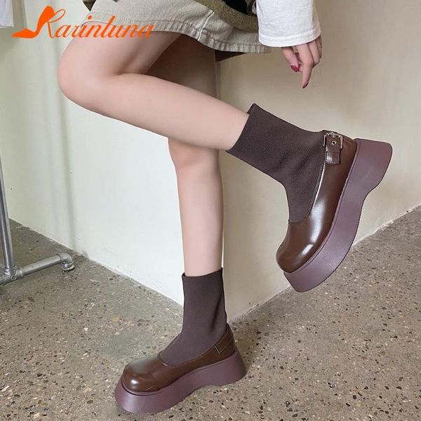 

boots karin fashion female sweet cute daily platform square med heels slip on women trendy ankle shoes, Black