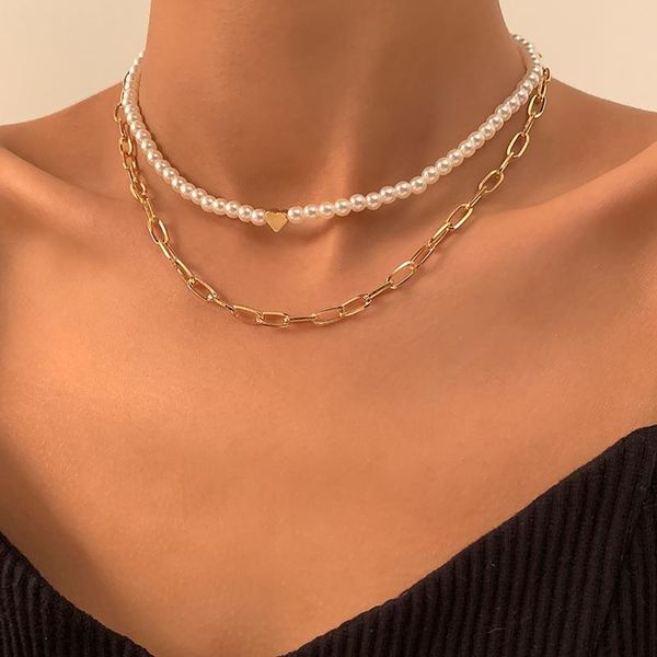 

chokers shixin simple white pearl heart choker necklace for women layered thin link chain necklaces set on the neck fashion jewelry 2021, Golden;silver
