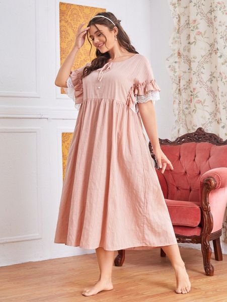 

plus contrast lace frill trim tie front nightgown g81d#, Black;white