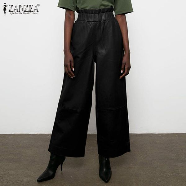 

women's pants & capris stylish zanzea wide leg trousers casual pu leather female solid palazzo turnip plus size woman pantalon, Black;white