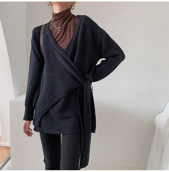 

2021 new autumn winter lace-up cardigan sweater office lady work wear solid long sleeve knitted sweaters female xqp8, White;black