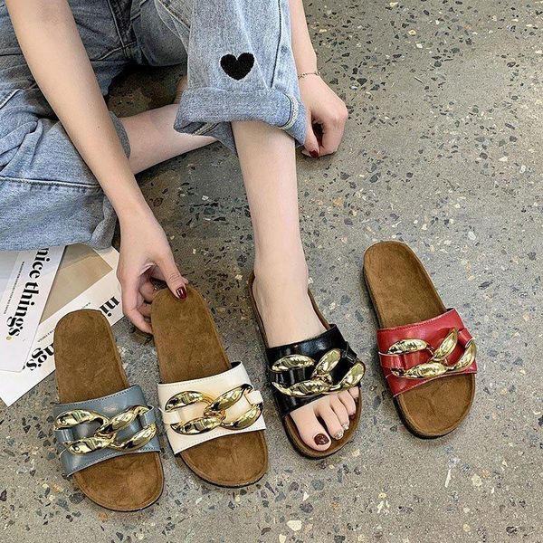 

slippers women big metal chain platform casual slides ladies 2021 fashion brand design summer outdoor sandals beach flat shoes, Black