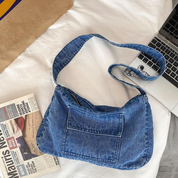 

cross body student denim fabric sling shoulder bag teenager casual high street daily soft vintage retro jeans pocket zipper messenger
