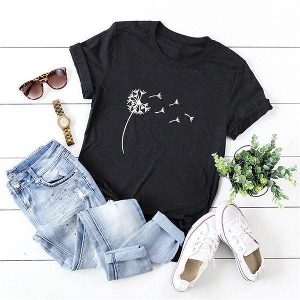 

100%cotton tshirt dandelion print harajuku t-shirt women o neck short sleeve tees summer women t shirt pink plus size s-5xl, White