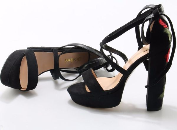 

dress shoes fashion faux black suede leather ladies high platform sandals super chunky heel women lace up embroidery flower