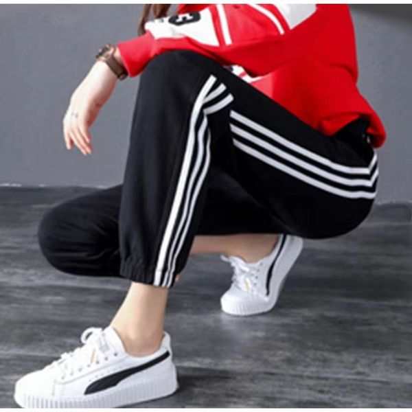 

2021 summer womens pants loose elastic waist fashion harem sports pants black striped oversize trousers female slim soft cozy, Black;white