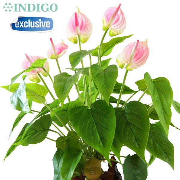 

indigo- pink anthurium bouquet (18pcs leaves+3pcs flower +vase) real touch wedding flower floral party table decoration