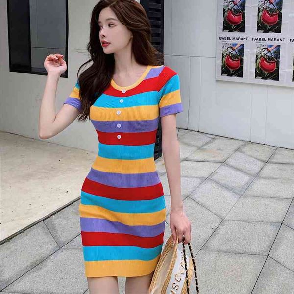 

rainbow striped short sleeve o-neck korea women night club party knit dresses skinny slim fit elegant ladies bodycon mini dress, Black;gray