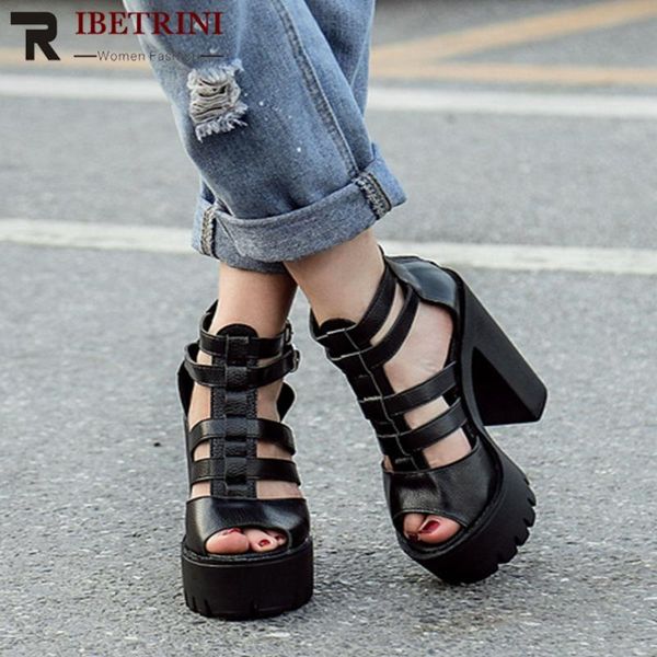 

sandals ribetrini women fashion punk high heels shoes open toe zipper buckle platform summer stylish, Black