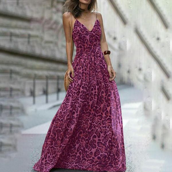 Mode Sexy Leopard V-ausschnitt Sling Maxi Kleider Frauen Sommer Ärmellose Chiffon Strand Lange Robe Tops Kleid 210304