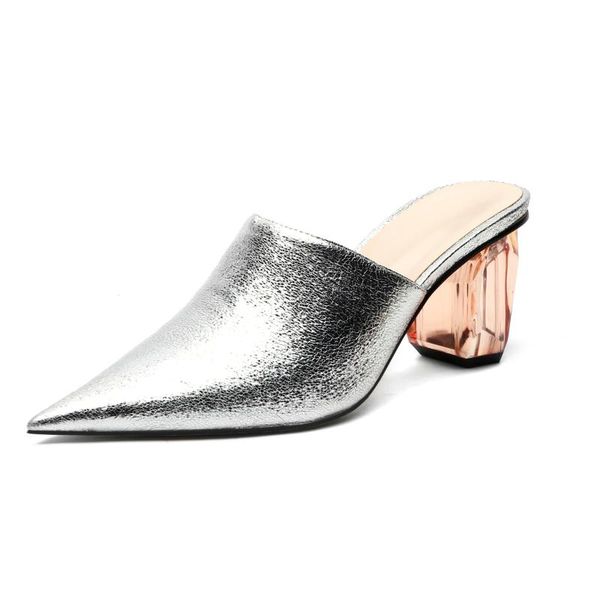 

sandals pointed toe crystal chunky heel mules women slide shoes, Black