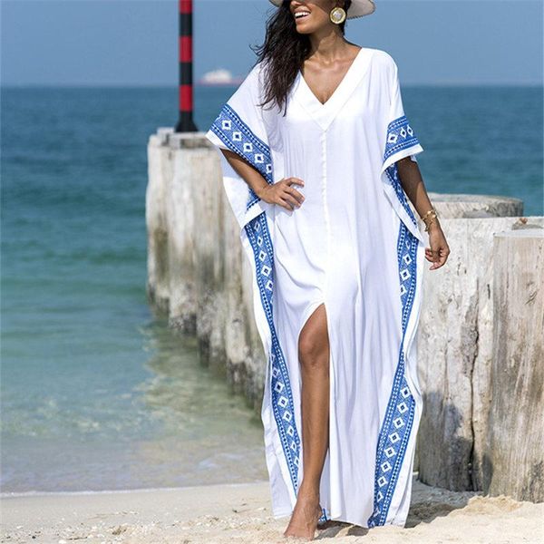 

party dresses 2021 casual v-neck bats sleeve side split beach kaftan loose summer dress white tunic women street wear maxi n887, White;black