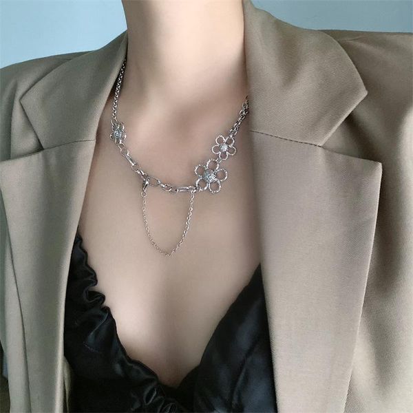 

pendant necklaces vsnow ins fashion asymmetry hollow flower chokers necklace for women double layer chain titanium steel tassel jewelry, Silver