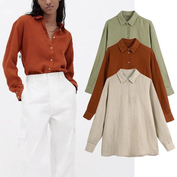 

women's blouses & shirts 2021 red linen woman shirt summer vintage lapel long sleeve green women casual button back pleated office l, White