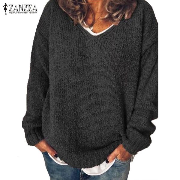 

2021 zanzea autumn women's knitted sweater elegant casual long sleeve shirt v neck pullovers tunic sueter mujer oversized t200814, White;black