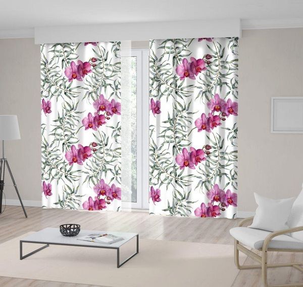 

curtain & drapes eucalyptus and orchids exotic flowers plants branches leaves watercolor tropic pattern printed pink green