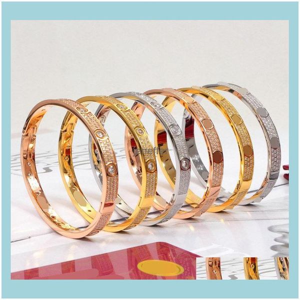 

titanium steel fl diamond bracelet 3 rows women men couple bracelets cuff bangles fashion love jewelry with veet bag drop delivery 2021 wmlu, White