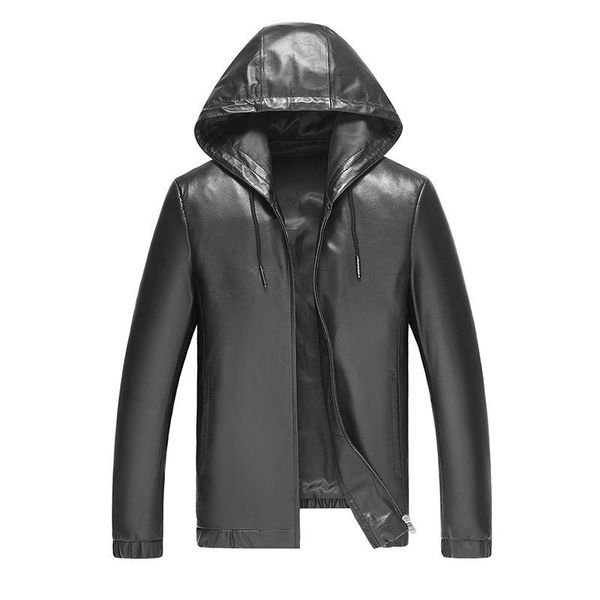 

men's leather & faux men genuine fall winter casual outwear fashion real sheep jackets coat with hood collar, Black