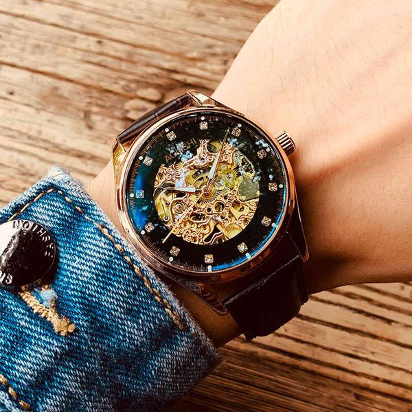 

opengewerkte sport horloge mannen s hollow skelet automatische voor mannen aolishi waterdicht man klok handwatch, Slivery;brown