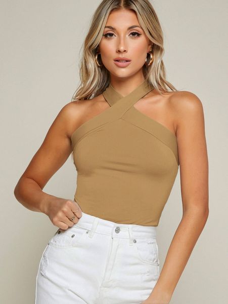 

form-fitting crisscross halter f7rl#, White