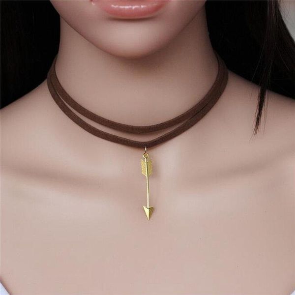 

new fashion gold arrow pendant necklaces vintage double layer black brown velvet chain choker necklace for women jewelry gifts, Golden;silver