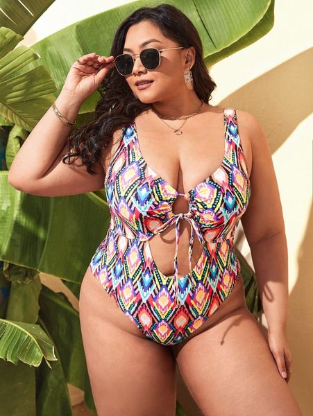 

plus allover print drawstring one piece swimsuit f5zw#, Black