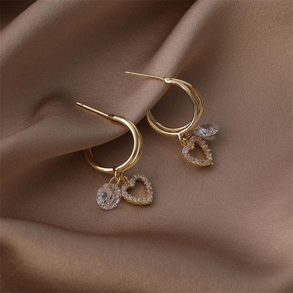 

hoop & huggie 2021 korea trend sweet cute double circle heart-shaped zircon earrings for women party dating travel jewelry accessories, Golden;silver
