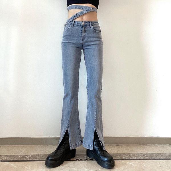 

women's jeans women flared pants 2021 casual slim hip raise high waist design split buckle stretch blue belt vintage denim trousers