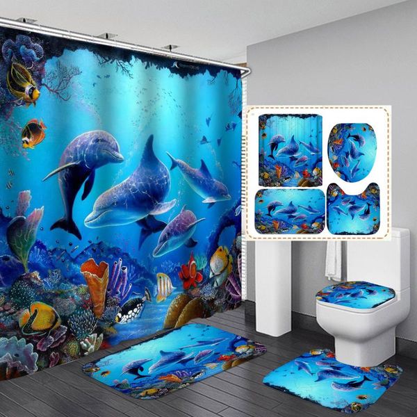 

dolphin print shower curtain toilet mat floor mat 4 piece set thick polyester bathroom shower curtains