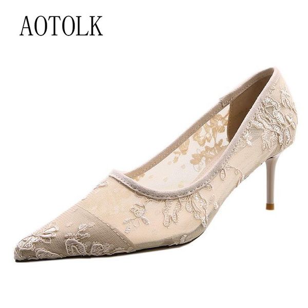 

dress shoes lace pumps women high heels female hollow mesh embroidery ladies pointed single 2021 spring black nude size 34-39