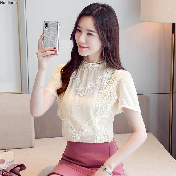 

women's blouses & shirts houthion chiffon slim fashion o-neck stitching short sleeve pullover summer casual blouse, White