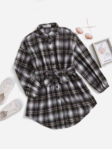 

girls tartan collared belted shirt dress she, Red;yellow