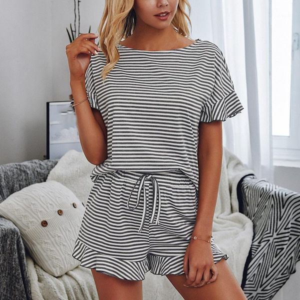 

women's tracksuits summer striped ruffles casual suits ladies 2021 homewear loose drawstring shorts set o-neck two pieces sets for fema, Gray