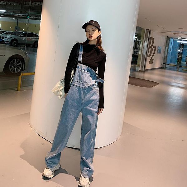 

women's jeans suspenders female korean version loose 2021 spring straight tube pendant high waist wide leg thin students sexy, Blue