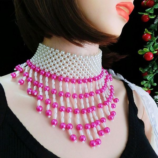 

pink black green pearl choker necklace geometric pearl tassel fringe necklace collar jewelry weaving bride party, Golden;silver