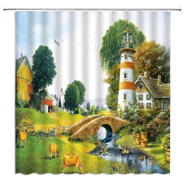 

shower curtains rural country life curtain decor countryside oil painting lighthouse stone bridge duck cottage cattle bathroom