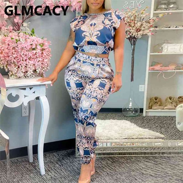 

two pieces sets women short sleeve printed & bodycon pants 210727, White