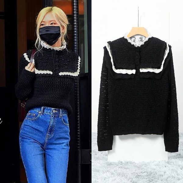 

women's sweaters kpop korea celebrity rose autumn streetwear casual women black solid elegant ladies lace patchwork loose pullovers, White;black