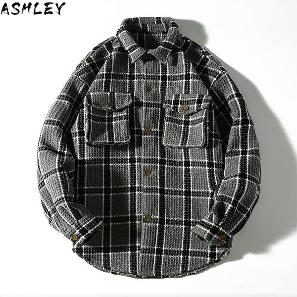 

men's jackets winter autumn and tooling casual loose fashion trend lapel plaid jacket streetwear clothes hip hop, Black;brown