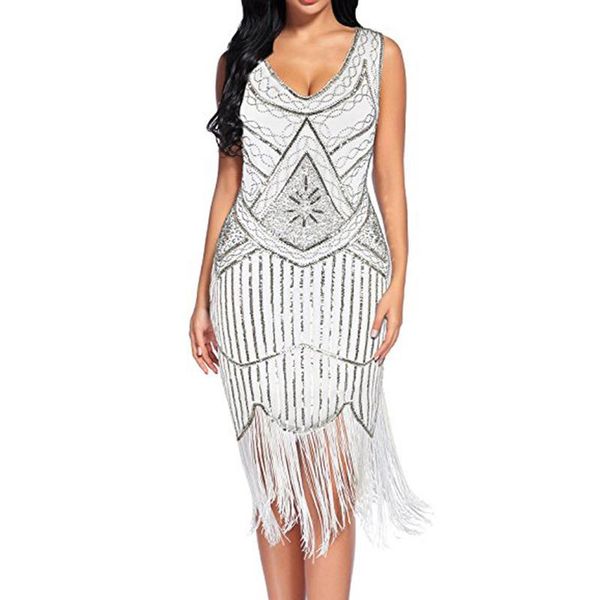 

casual dresses sleeveless royal black embroidery fringe party dress women 1920s sequin beaded tassels hem flapper vestidos, Black;gray