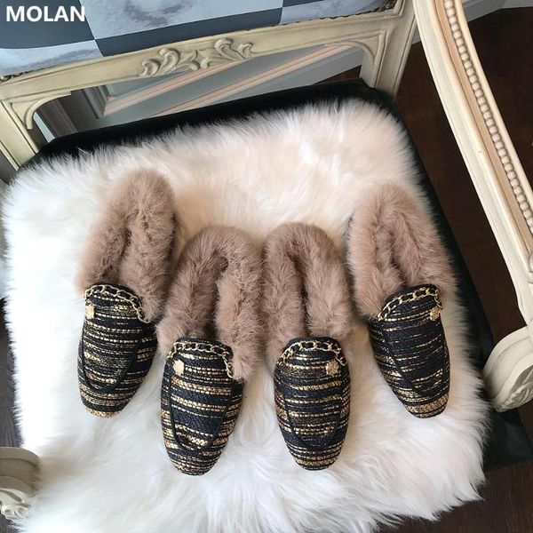 

slippers molan brand designer 2021 winter luxury golden metal chain decoration flat fur slides loafers mules flip flops size 35-40 casual, Black
