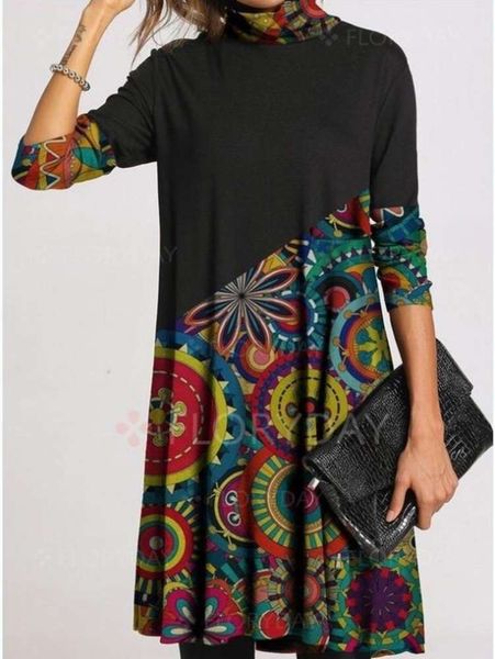 

autumn casual women's round neck print stitching swing dress, Black;gray