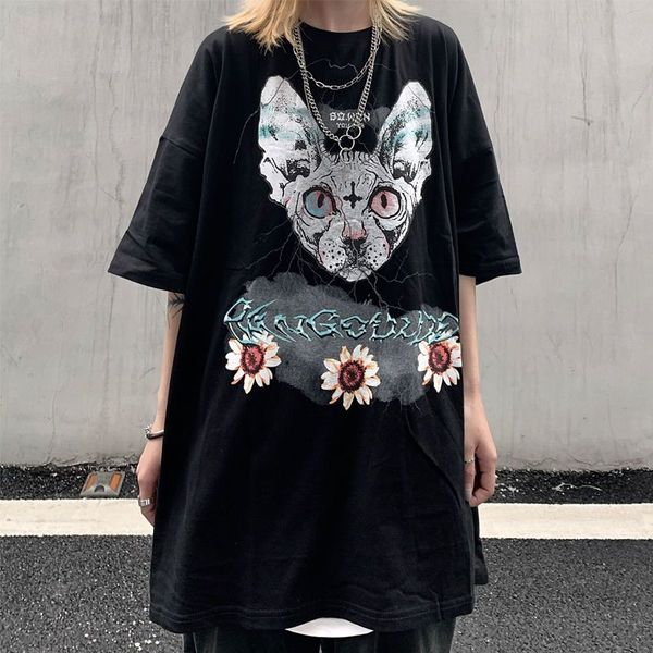 

womens hairless cat print gothic t-shirt round ne t-shirt y2k gothic t-shirt oversized aesthetic clothes summer gothic, Black