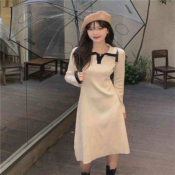 

one-piece knitted sweater womens dress korean autumn and winter over the knee mid-length lapel loose sweater knitted dress, Black;gray