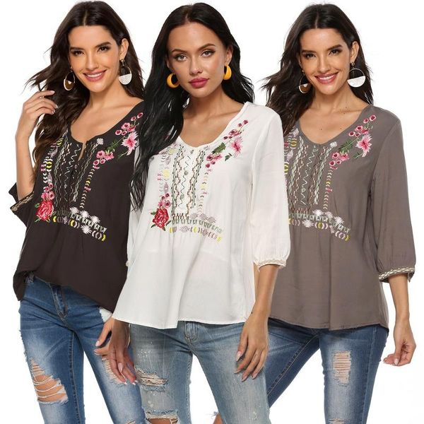 

women's blouses & shirts lugentolo embroidery womens 2021 summer fahsion 3/4sleeve v-neck plus size loose for women, White