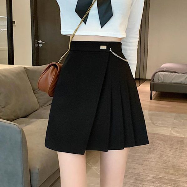 

skirts fashion designed chain pleated women 2021 high waist fall winter mini skirt feminino simple all match chic jupe autumn, Black