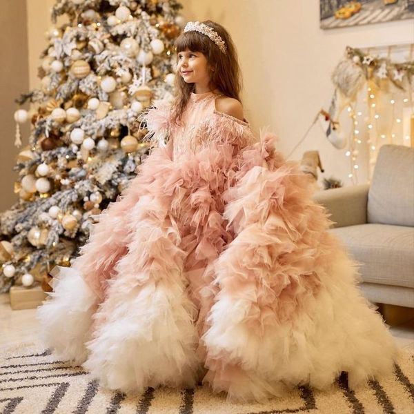 

girl's dresses luxury flower girl for wedding feather tiered skirts girls birthday party dress with beads first communion gowns, Red;yellow