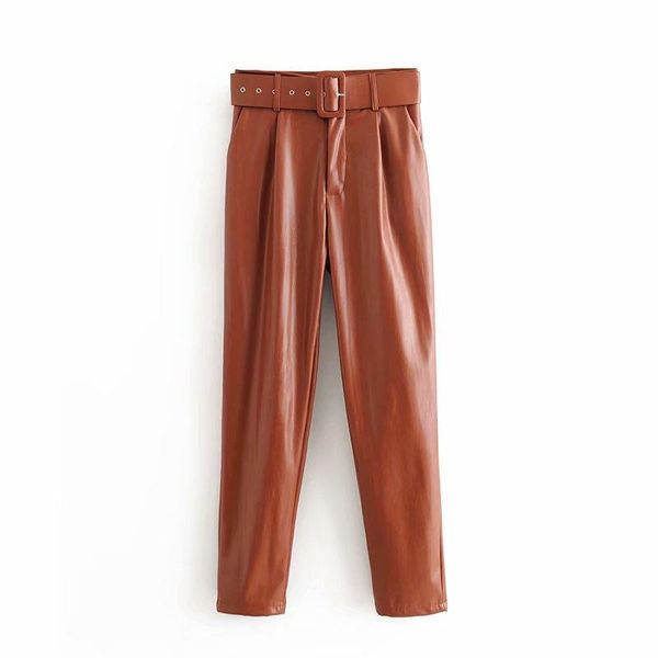 

women's pants & capris casual brown woman leather 2021 autumn-winter fashion solid sheath ladies long elegant female trousers, Black;white