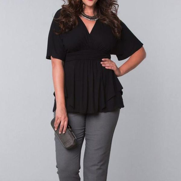 

women's t-shirt ruffled tshirts blusas elegantes mujer solid color v-neck short sleeves plus size formal occasions, White