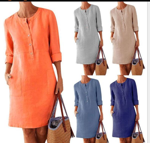 

2021 plus size women's cotton and linen round neck long sleeve dress, Black;gray